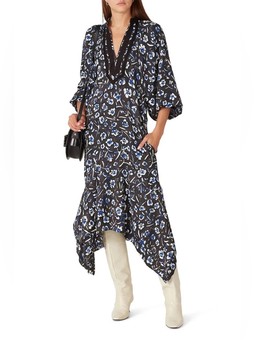 Tory Burch Floral Puff Sleeve Handkerchief Midi Dress Black Blue L